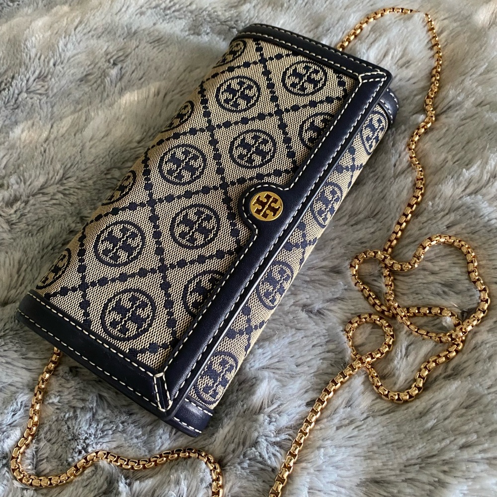 Tory Burch Wallet on Chain Clutch T-Monogram Jacquard Fits Phone